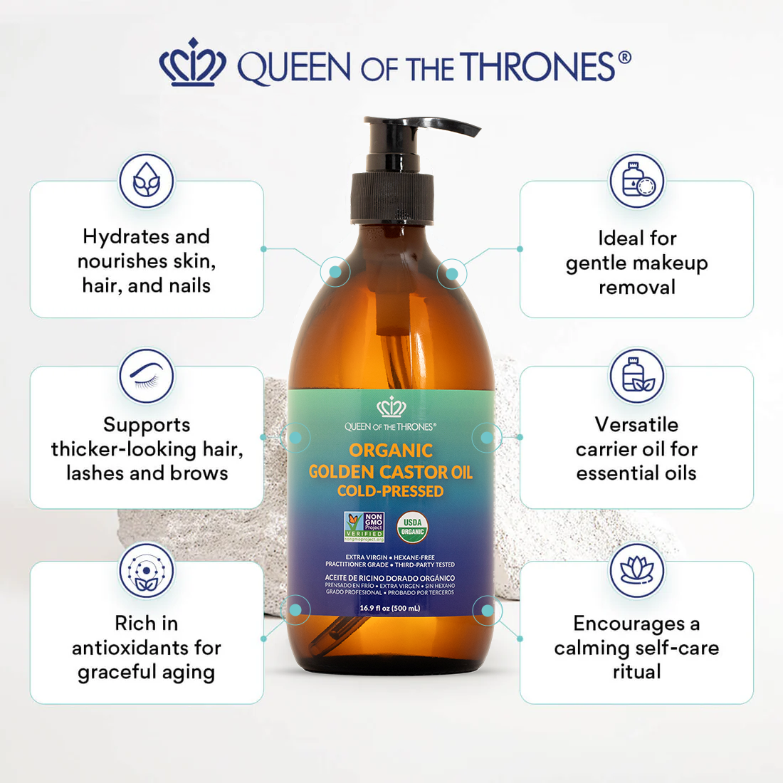 Aceite de Ricino Orgánico 16.9oz 100% Puro, Libre de Hexano, Extra-Virgen