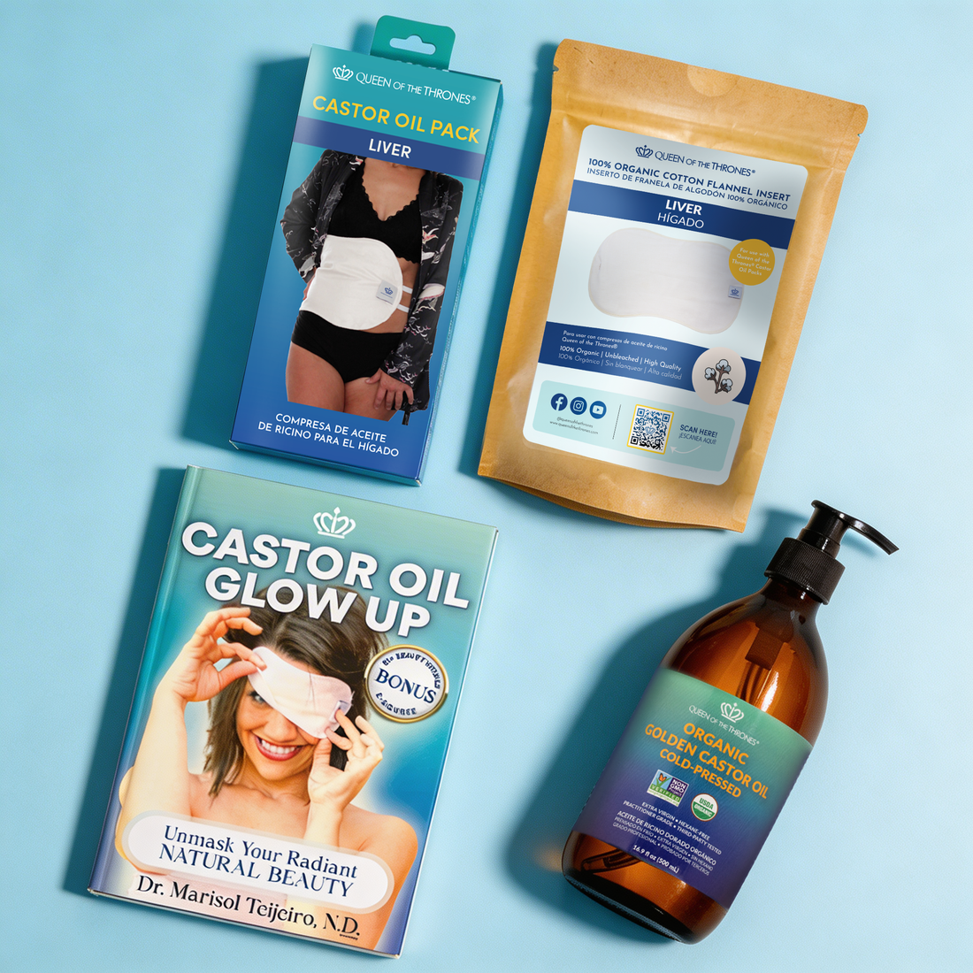 Kit de Compresa de Aceite de Ricino para el Hígado con Repuesto de Compresa de Algodón.