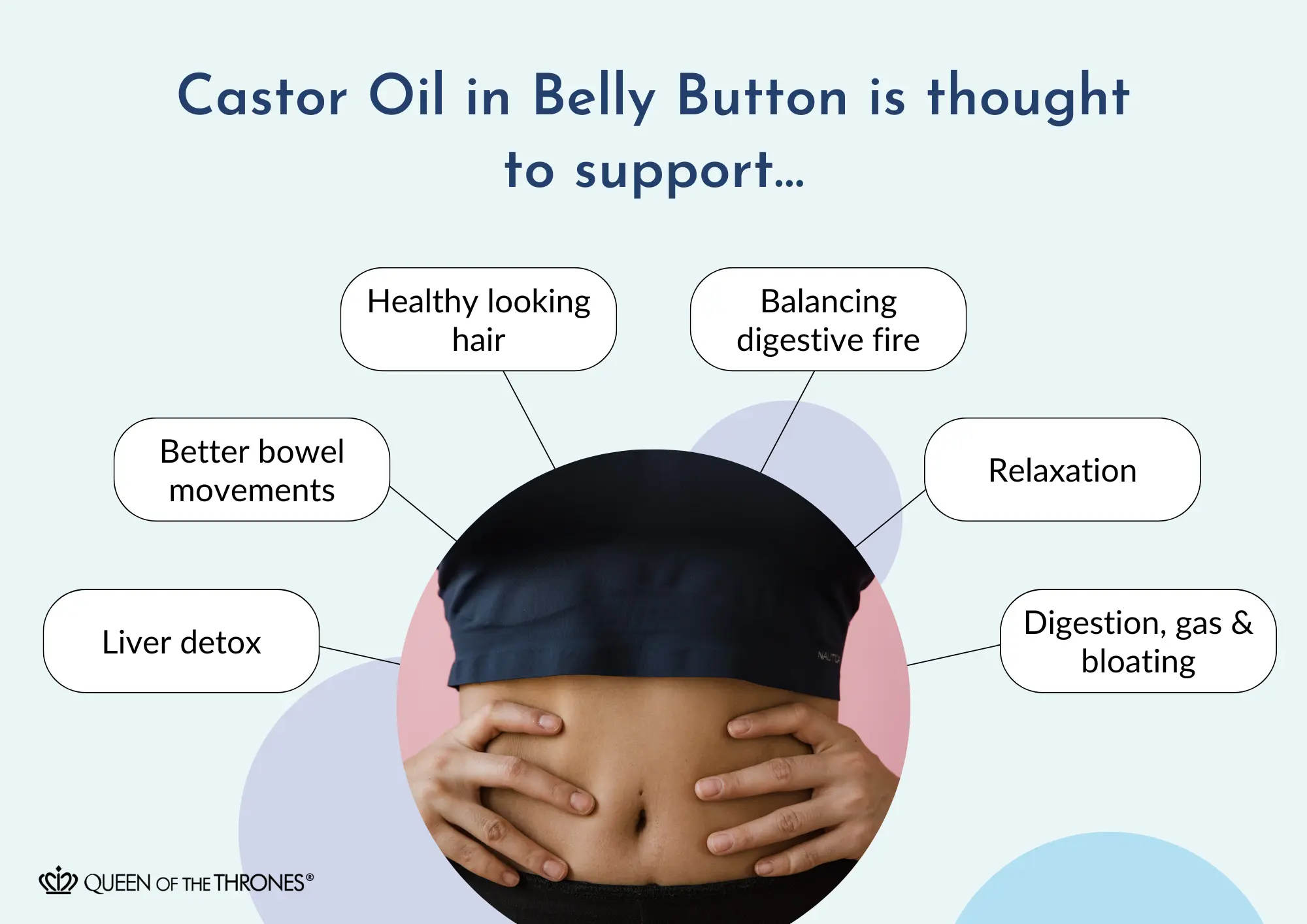 Queen of the Thrones Castor oil in belly button supports different conditons